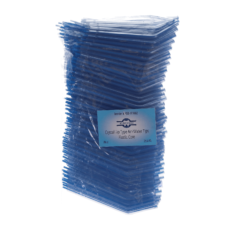 HSB Crystal Tip Type Air/Water Tips, Plastic Core, Blue, 250/Pk. Disposable dental tips for precise air and water delivery, ensuring hygiene and infection control.