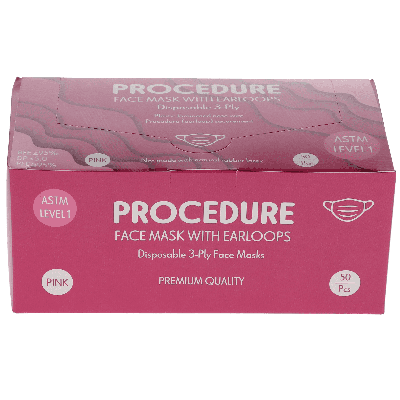 HSB - Earloop 3-PLY Masks 50/Bx ASTM Level 1 Pink, 10bx/cs